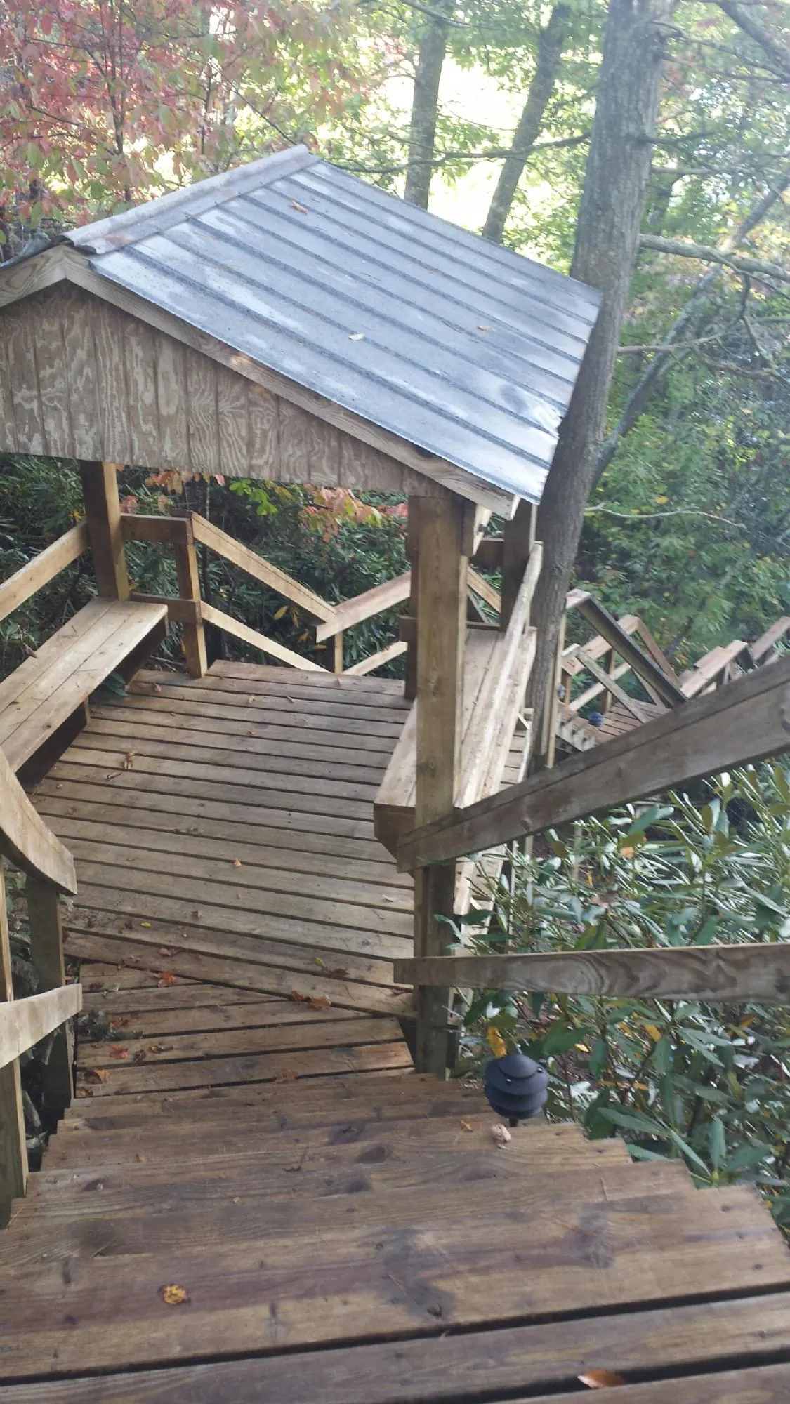 Metal roofed shelter over wooden steps on a wooded walkway — Skylight Repair & Installation work by our crew in Carrolls